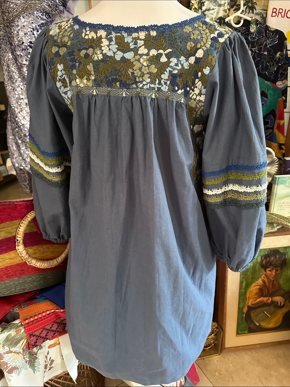 Mi Golondrina Blue Hand Embroidered Peasant Dress w/ Floral Detail Size M • NWT - Picture 7 of 7